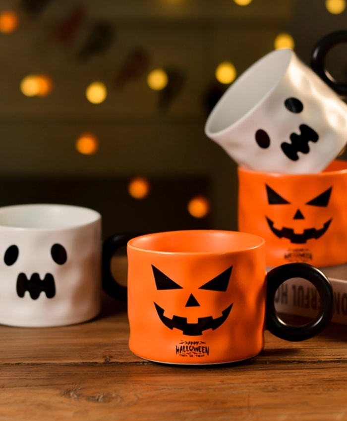 16oz Halloween Pumpkin Mug With Spoon - Cute Ghostface Pattern Ceramic Coffee Cup